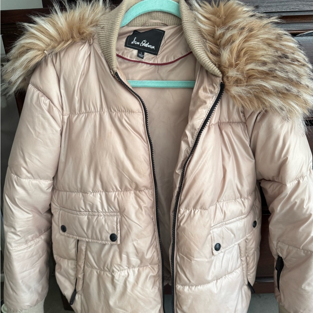 Sam Edelman Cream Puffer Jacket with Faux Fur Hood